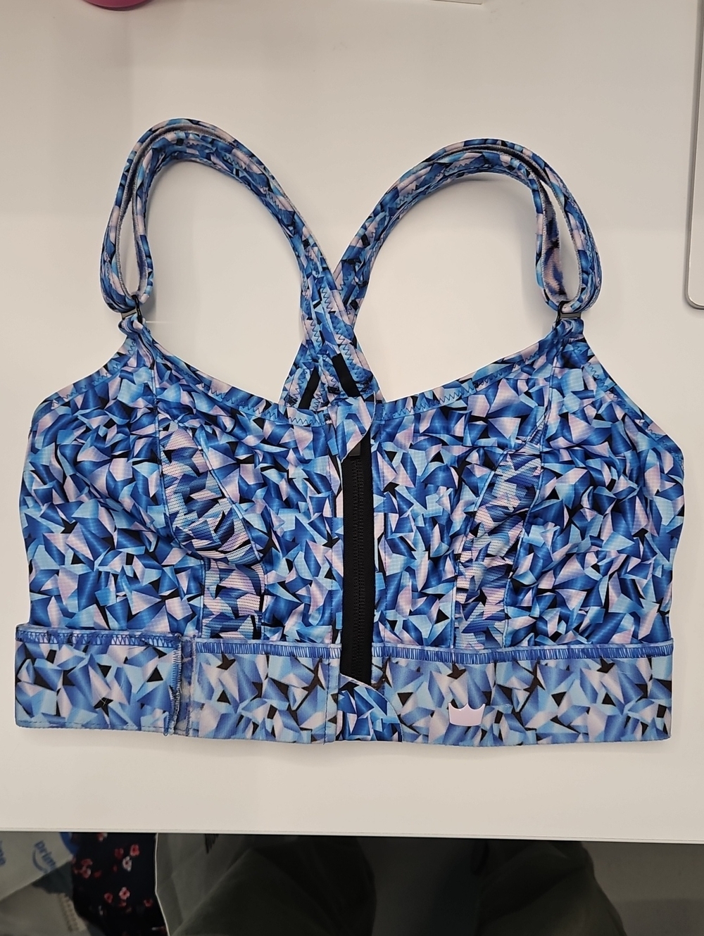 SHEFIT Ultimate Blue Geometric Front-Zip Sports Bra High Impact Zip Front Luxe